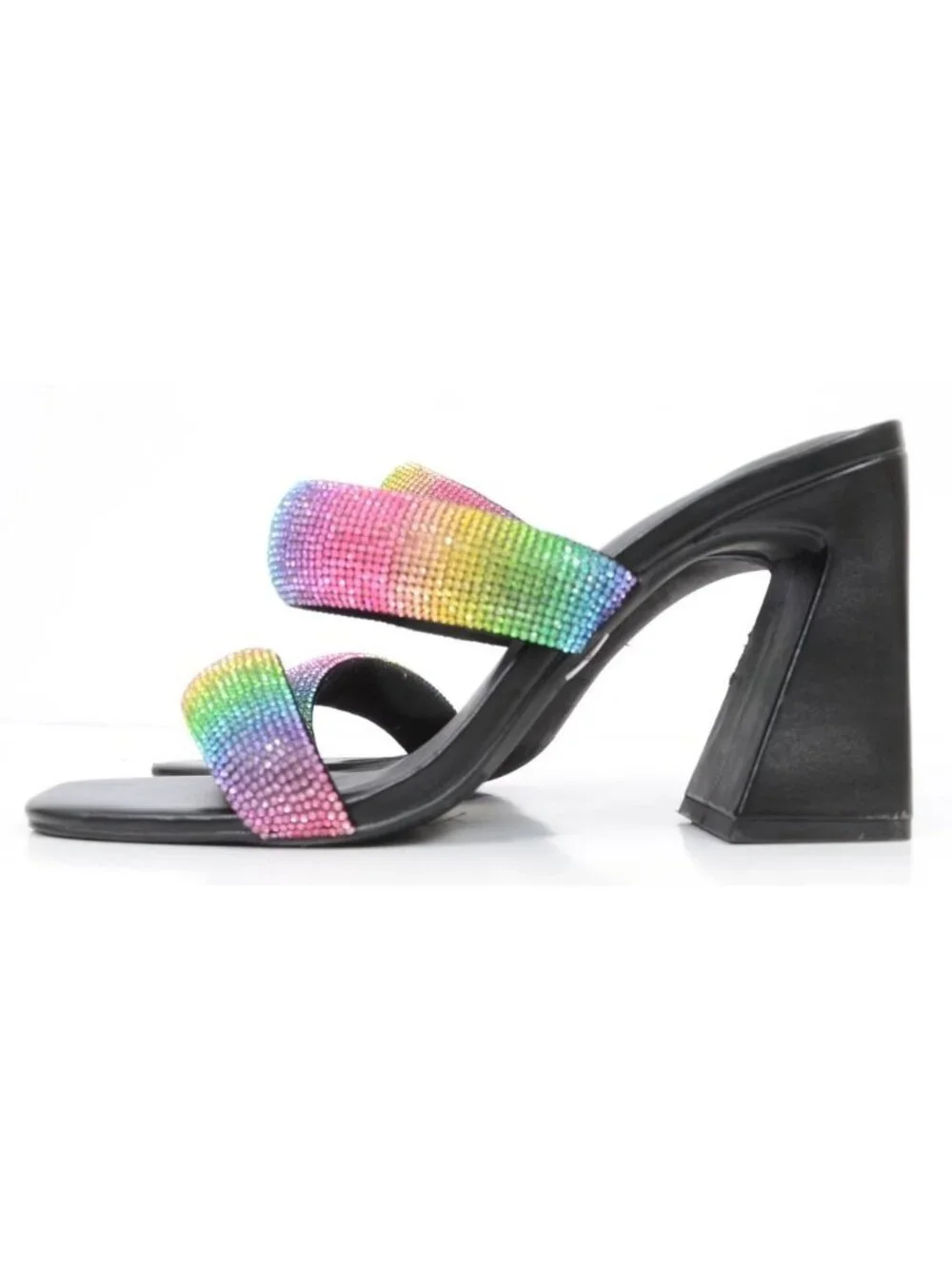 Open Edit Sasha Women‎ 9.5 Black Rainbow Rhinestone Sandal Chunky Flared Heels